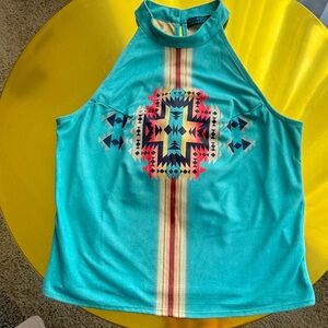 Teal Aztec Print Halter Tank Top